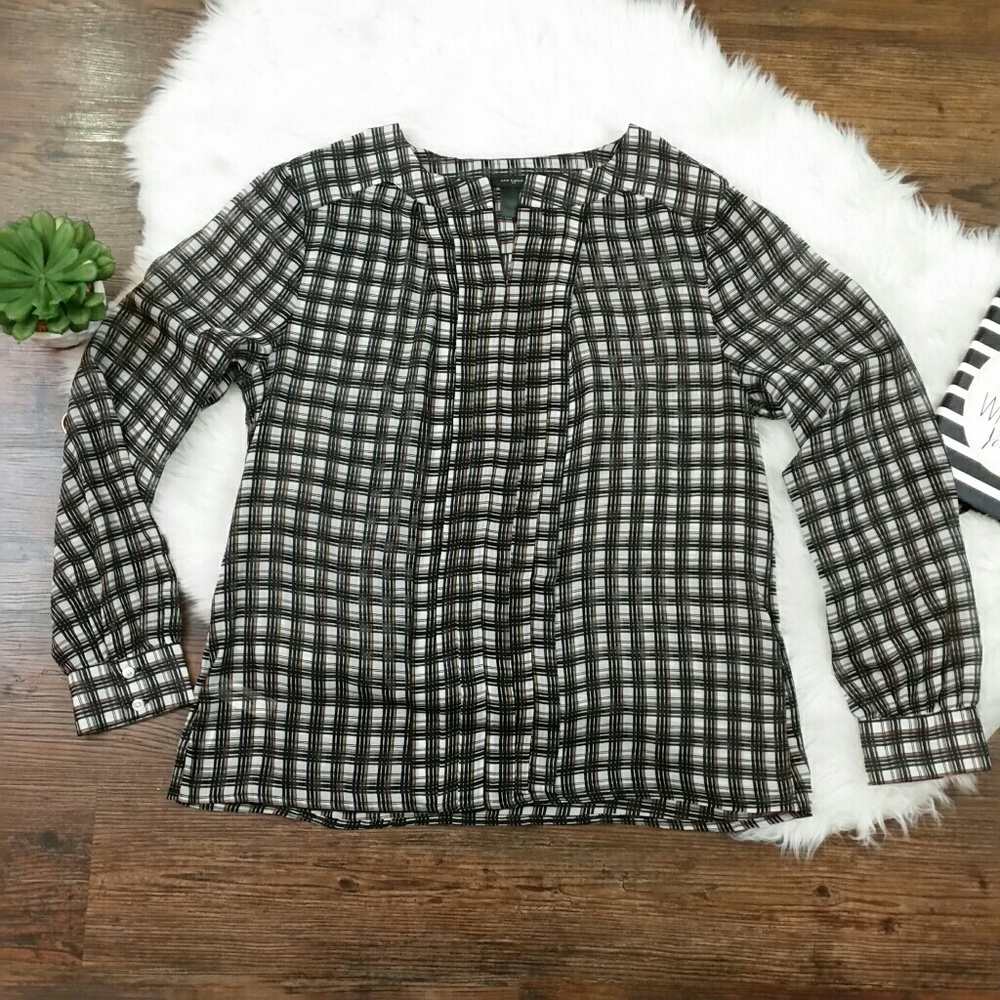 ANN TAYLOR  BLACK, WHITE AND GOLD SHEER BLOUSE LG